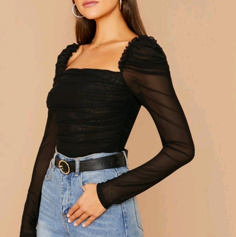 Mesh ruffle top sheer black - Picture 5 of 11